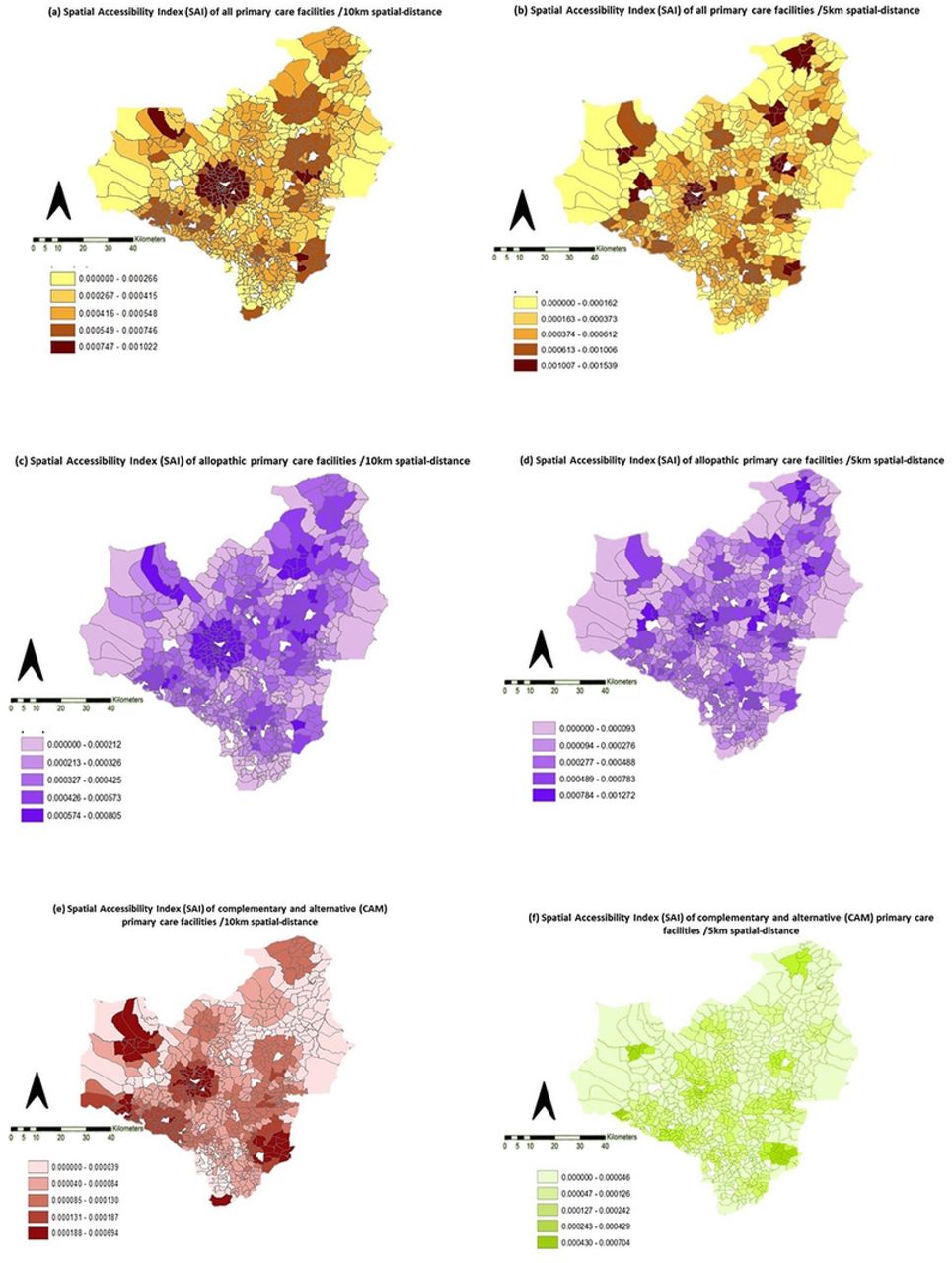 Spatial of distribution of Spatial Accessibility Index (SAI) of different types of primary care facilities in Anuradhapura district of Sri LankaThe national target for primary care coverage (NPCC) of 1 PCD (if both allopathic and CAM are included) to 5000 population ratio was achieved in 70% (n=464) and 92% (n=605) of GND within 5 km and 10 km Spatial-distances. The coverage of 1 allopathic PCD to 5000 population ratio was achieved in 64% (n=420) and 86 % (n=565) GND within 5 km and 10 km Spatial-distances. Individual state and private allopathic PCD contributed 25% (n=166) and 56% (n=368) of GND to achieve NPCC in 10 km spatial-distance (Fig 3).