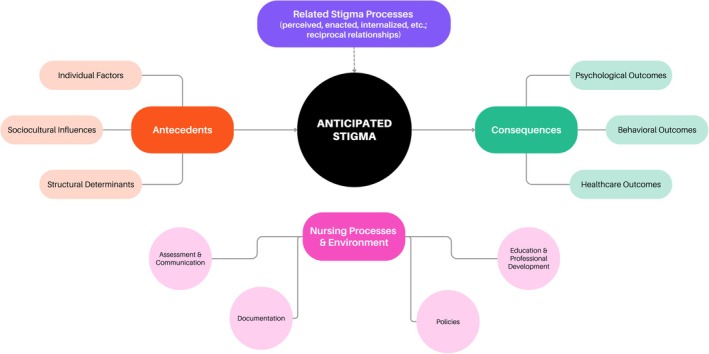 Conceptual model of anticipated stigma in nursing and cannabis use disclosure. Individual, sociocultural and structural antecedents influence anticipated stigma, which in turn shapes psychological, behavioural and healthcare outcomes. Related stigma processes (perceived, enacted and internalised stigma) and nursing processes and environments interact with anticipated stigma, mitigating or exacerbating its consequences over time.