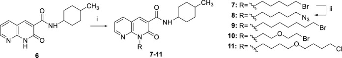 Synthetic pathway for the synthesis of the intermediates 7-11. Reagents and conditions: i) a) CsF, DMF, rt, 1h; b) suitable R-Br or R-Cl, 30 °C, 24 h; ii) NaN3, DMF, 60 °C, 12 h.