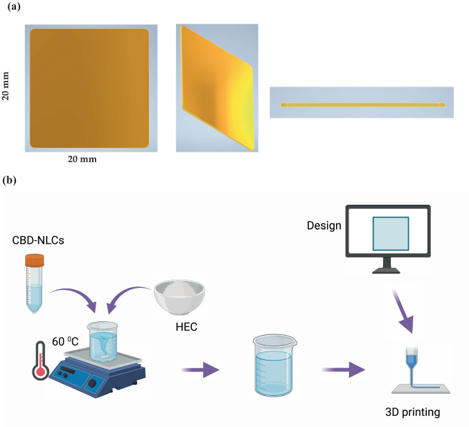 Design (a) and 3D printing of CBD film (b). Created using Biorender.com