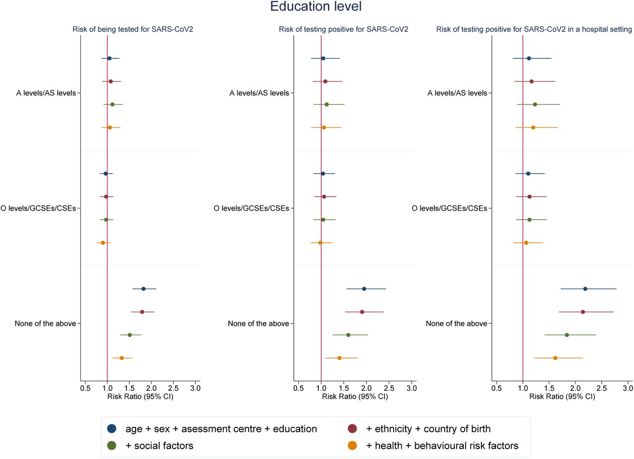 Risk ratios for associations between highest educational level (degree educated as reference category) and SARS-CoV-2Model 1: Age, sex and assessment centreModel 2: Model 1 + ethnicity + country of birthModel 3: Model 2 + social variables (healthcare worker, urbanicity, number of people per household, deprivation, tenure status, employment status, manual work)Model 4: Model 3 + health status variables (self-rated health, number of chronic conditions and limiting longstanding illness) + behavioural risk factors (smoking, alcohol consumption and BMI)