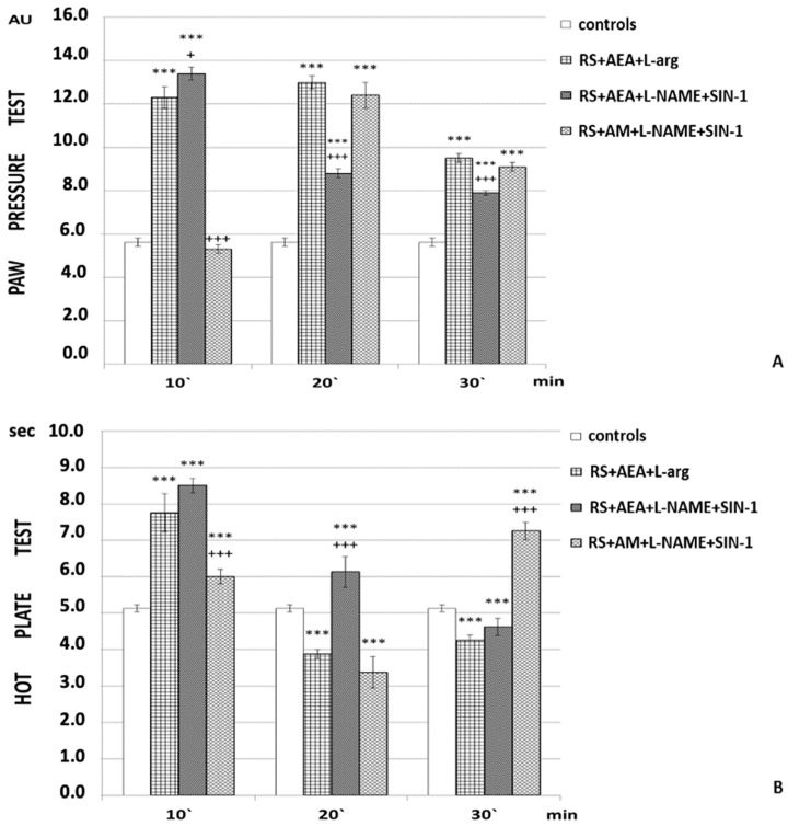Effects of SIN-1 with L-NAME alone or AM251 + L-NAME pretreatment estimated by (A) PP and (B) HP tests after 1 h of restraint (1 h RS) in rats. The mean values ± SEM are presented. *** p < 0.001 vs. control; +++ p < 0.001, + p < 0.05 vs. 1 h RS + AEA + L-arg.