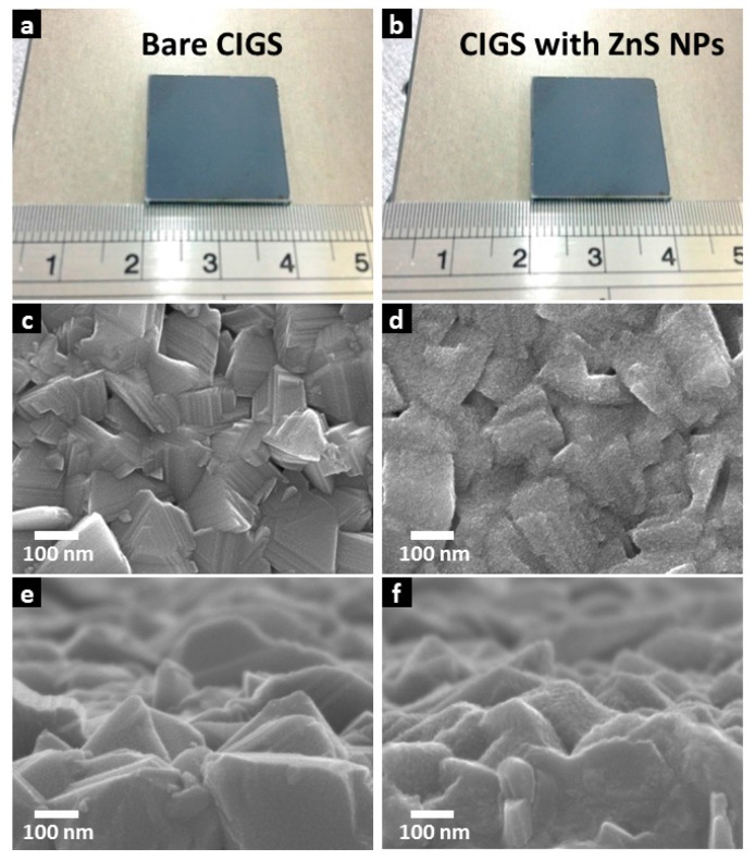 Photograph of a CIGS thin film (a) before and (b) after ZnS NPs overgrowth. And top view SEM images of CIGS thin film (c) before and (d) after ZnS NPs overgrowth. Also, SEM images with a tilted view over CIGS thin film (e) before and (f) after ZnS NPs overgrowth.