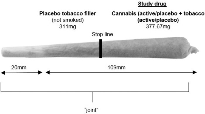 Drug administration was conducted using ‘joints’, the most common method of administering cannabis (Hindocha et al. 2016). ‘Study drug’ region contained a mixture of 66.67 mg cannabis (active or placebo) and 311 mg tobacco (active or placebo) dependent on condition (see Table 1). The ‘placebo tobacco filler’ region contained 311 mg of placebo tobacco at the bottom of the joint (nearest to the mouth), which was not smoked. This filler was added to improve compliance with the fixed inhalation procedure (see online Supplementary Materials), as puff volume typically decreases towards the end of the joint, probably due to rising heat (Van Der Pol et al. 2014). The stop line is the point at which participants stopped smoking the joint, separating the two regions. It was marked 1 cm after the ‘study drug’ to ensure complete inhalation.