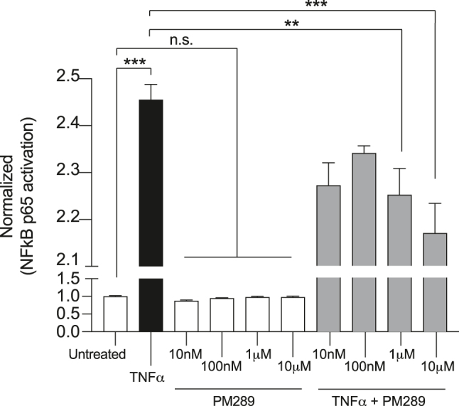 PM289 attenuates NFκB activation in response to TNFα. Cells were treated with TNFα with or without concentrations of PM289 (10 nM, 100 nM, 1 μM and 10 μM) for 24 h. Cell lysates were then analyzed for p65 subunit activity with the TransAM NFκB Activation Assay. TNFα increased p65 activity which was statistically decreased by PM289. All groups were performed in replicates of n=3. **p<0.01.
