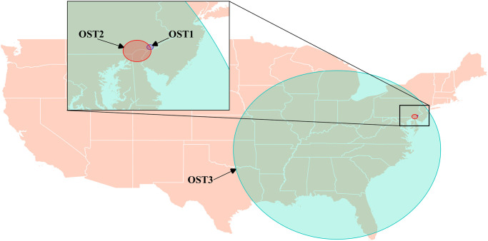 Locations of statistically significant space-time clusters of high levels of calls concerning opioids identified using the spatial scan statistic with Bernoulli and space-time permutation models, based on data from dog-associated poisoning calls to the Animal Poison Control Center related to opioids in the continental US (2005–2014).