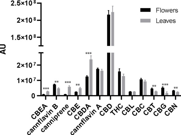 Bar plots and error bars show mean and standard deviations of relative concentrations of cannabinoids calculated from flower and leaf samples (n = 8). The concentrations are expressed in arbitrary units (normalized peak areas). Pair differences are indicated by **P≤ 0.01, and ***P≤ 0.001.