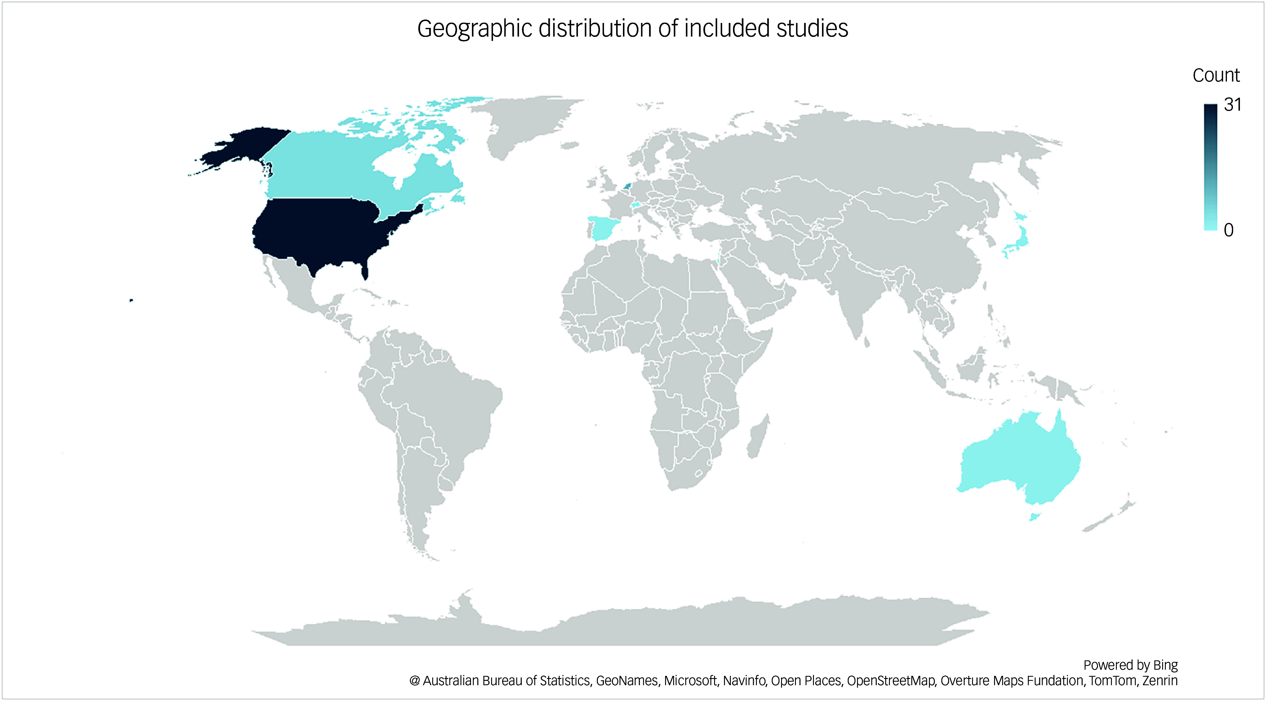 A map showing the geographic distribution of included studies.