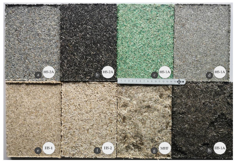 Surface view of board samples: (a) HS-2A sample with water-based wood coating applied on HS; (b) HS-2A sample with acrylic colorant applied during mixing process; (c) HS-1A sample with oil-based coating applied on HS; (d) HS-1A sample with water-based wood coating applied during mixing process; (e) HS-1 board sample; (f) HS-2 board sample; (g) MHF board sample; (h) HS-1A with oil-based coating applied on HS.