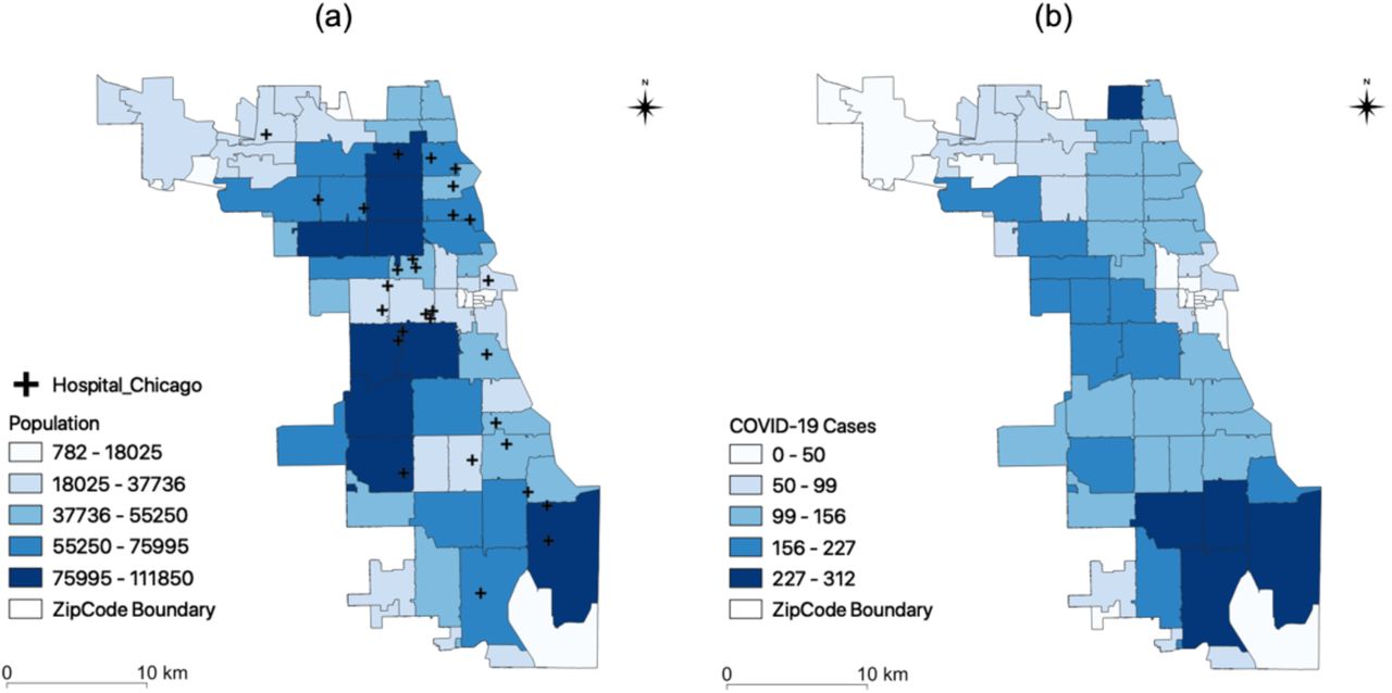 Datasets of hospitals, population, COVID-19 cases in Chicago, Illinois: (a) spatial distribution of hospitals and population, and (b) spatial distribution of confirmed COVID-19 cases.