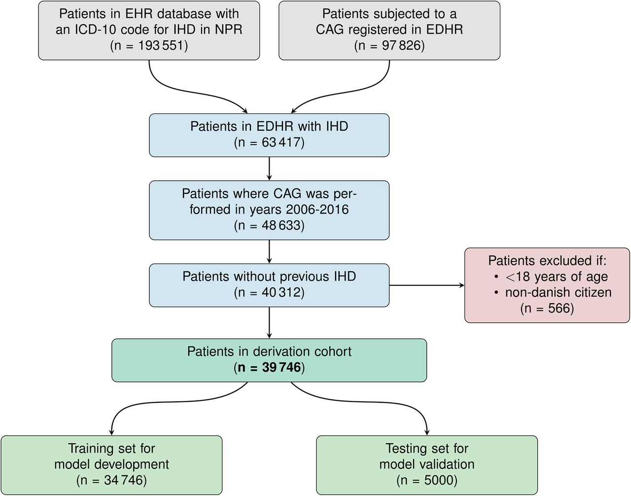 Flowchart of inclusion of patient with ischemic heart disease in the training and test set for the PMHnet.Flowchart showing how the derivation cohort was identified based on data from NPR and EDHR. CAG: Coronary arteriography. EHRs: Electronic health records. EDHR: Eastern Danish Heart Registry. ICD-10: International classification of diseases, 10th revision. IHD: Ischemic heart disease. NPR: Danish National patient registry.