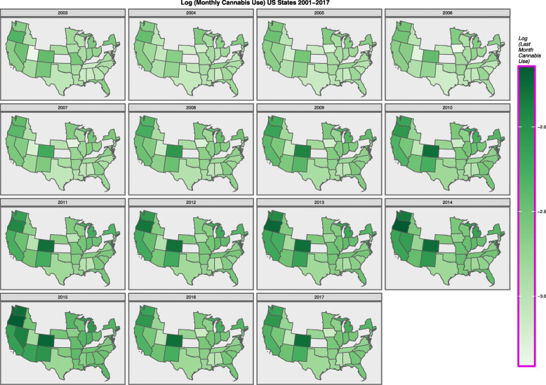 Choropleth Map of age-adjusted last month cannabis use rates across USA (NSDUH, SAMHSA data)