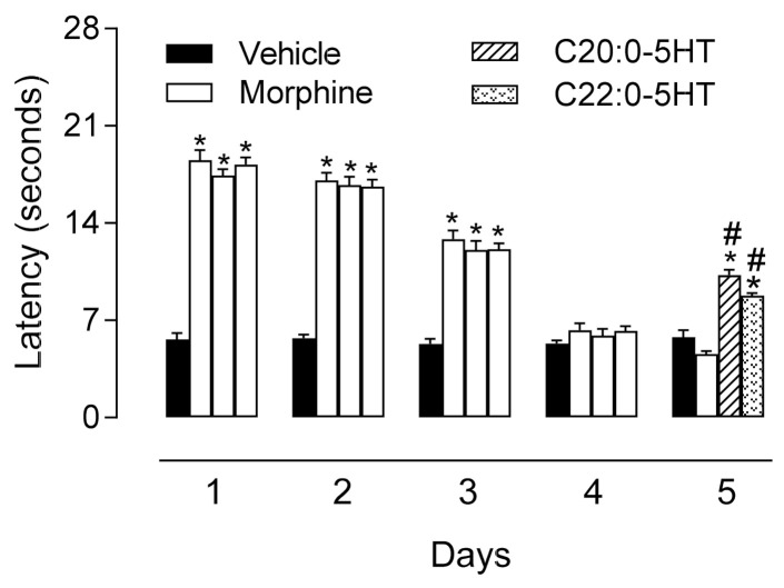 Antinociceptive effect of βN-arachinoyl-5-hydroxytryptamide (C20:0-5HT) and βN-behenoyl-5-hydroxytryptamide (C22:0-5HT) in morphine-tolerant mice were evaluated using a hot plate model for 5 consecutive days. Morphine (50 mg/kg, i.p.) was administrated to mice every 24 h during 4 consecutive days. On the 5th day, two tolerant groups received C20:0-5HT or C22:0-5HT (10 mg/kg, p.o.). The antinociceptive effect (indicated as the latency time to respond to the hot plate was measured in seconds) was evaluated 1 h after administration. Results are presented as mean ± SD (n = 7). One-way ANOVA followed by Tukey’s test was used to calculate the statistical significance. * p < 0.0001, when comparing treated-group with vehicle-treated groups. # p < 0.0001, when comparing C20:0-5HT- or C22:0-5HT-treated groups with morphine-treated group.