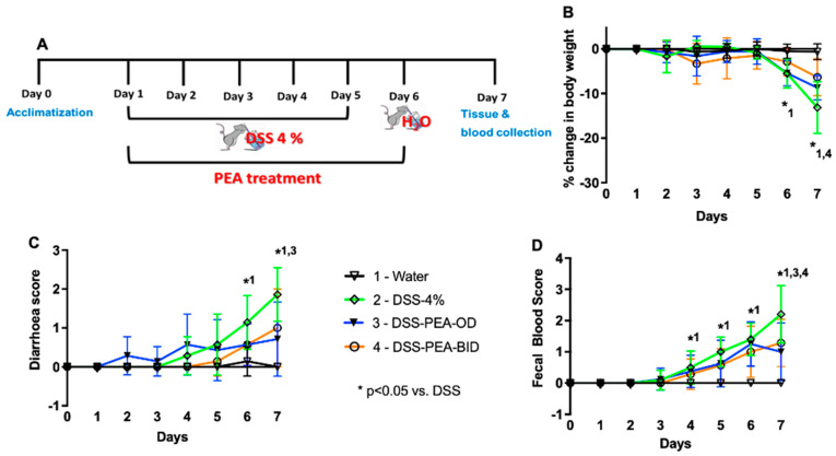 PEA treatment ameliorates clinical signs of DSS-induced colitis in mice. (A) Schematic diagram of DSS-induced colitis mouse model with PEA treatment. (B) Percentage reductions in body weight, (C) diarrhea score (stool consistency), and (D) fecal blood score in mice given either water or DSS 4% with or without PEA treatment (123 mg/kg, OD or BID, p.o.). Data are represented as means ± SEMs, N = 9 or 10. Statistical analysis was performed using two-way ANOVA: * p < 0.05 1-water vs. DSS 4%, * p < 0.05 3-DSS-PEA-OD vs. DSS 4%, and * p < 0.05 4-DSS-PEA-BID vs. DSS 4%.