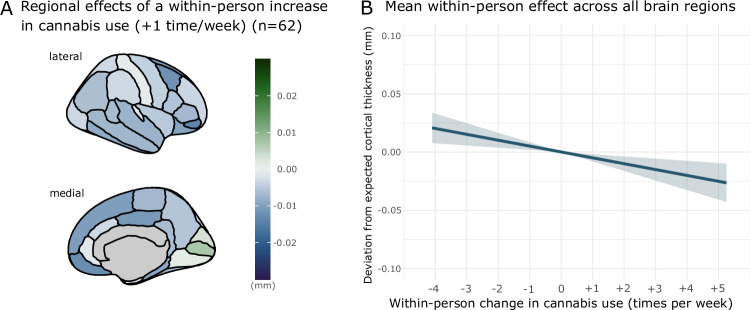Deviations from model-predicted cortical thickness associated with within-person increases in cannabis use in male participants.A regional variation in cortical thickness associated with a once-per-week within-person increase in cannabis use. B mean effect of increases in within-person cannabis use on cortical thickness (mean effect across all cortical regions). Expected cortical thickness refers to model-predicted cortical thickness. Model controls for image quality, intracranial volume, age, region and alcohol use.