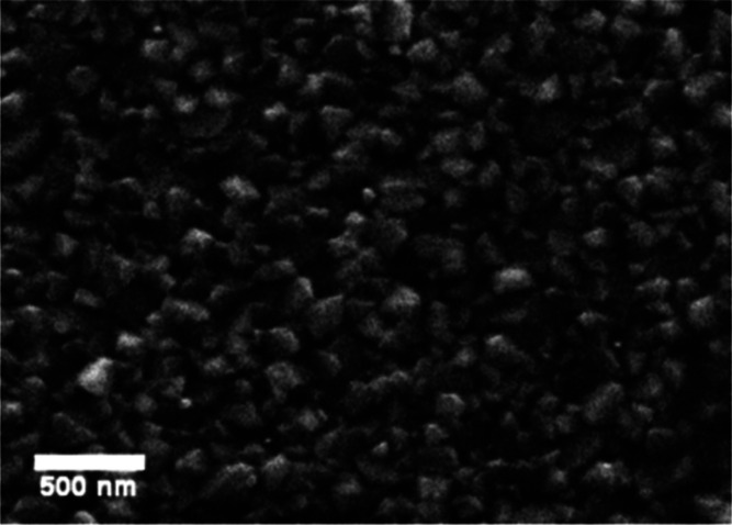 Characteristic SEM images taken from PbS TFs, showing the formation of a granular morphology of similar sizes and of angular shapes.