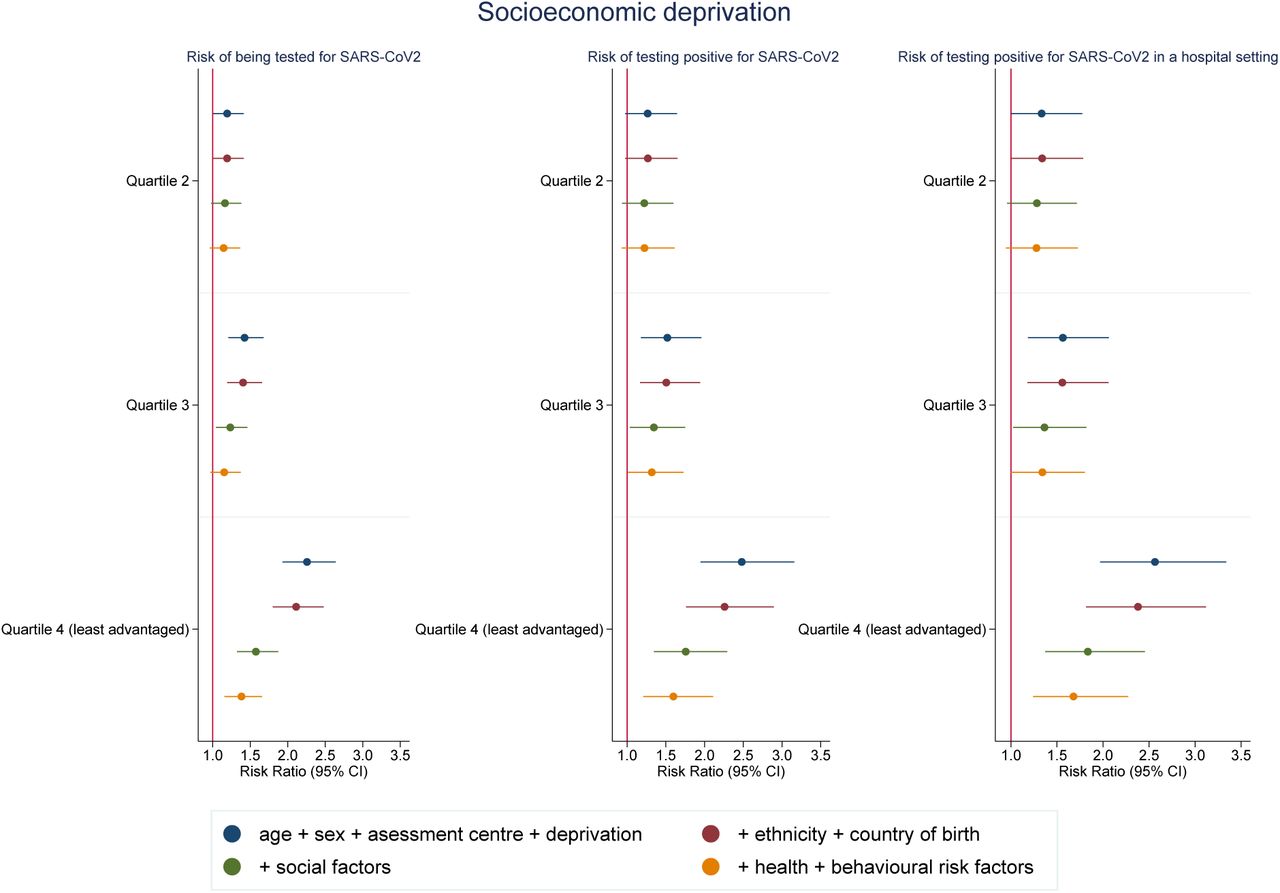 Risk ratios associations between Townsend deprivation score quartile (most advantaged as reference category) and SARS-CoV-2Model 1: Age, sex and assessment centreModel 2: Model 1 + ethnicity + country of birthModel 3: Model 2 + social variables (healthcare worker, urbanicity, number of people per household, highest education level, tenure status, employment status, manual work)Model 4: Model 3 + health status variables (self-rated health, number of chronic conditions and limiting longstanding illness) + behavioural risk factors (smoking, alcohol consumption and BMI)