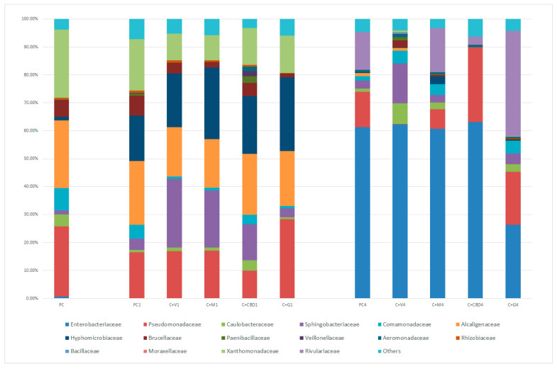 Relative abundance of bacteria at the family level across carrot juice variants during 4 days of storage.