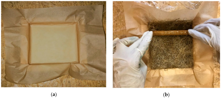 Mold material for fabrication purpose (a); roller on the composite surface (b).