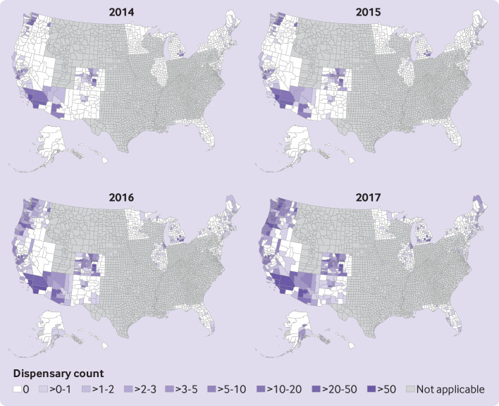 County level monthly counts of storefront dispensaries listed on Weedmaps.com in 23 states that allowed legal storefront dispensary operations (plus District of Columbia), averaged over calendar year, 2014-17