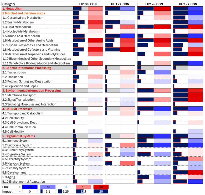 Dynamic Impact Approach summary of KEGG pathways of the liver transcriptomic of lambs fed SHB for 4 weeks + 4 weeks of withdrawal period [10% SHB (LH1) and 20% SHB (HH1)] and lambs fed for 8 weeks with SHB [10% SHB (LH2) and 20% SHB (HH2)].