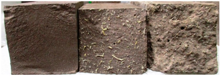 Fracture surface of pristine geopolymer, reinforced with untreated abaca and reinforced with treated abaca.