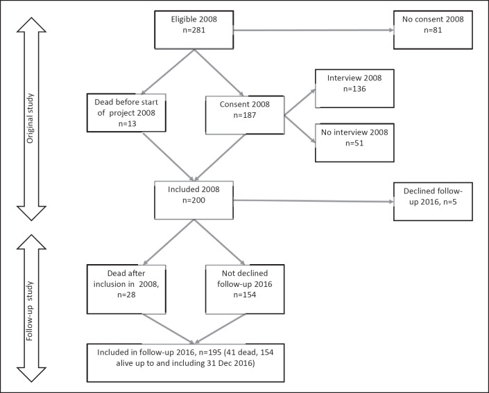 Flowchart: cohort established 2007/2008, participants starting OAT between 1 January 1998 and 30 June 2007. Thirteen persons who died after first start of OAT but before project start in 2007/2008 were included. The follow-up cohort consisted of 195 persons on 31 December 2016, of whom 41 were dead.