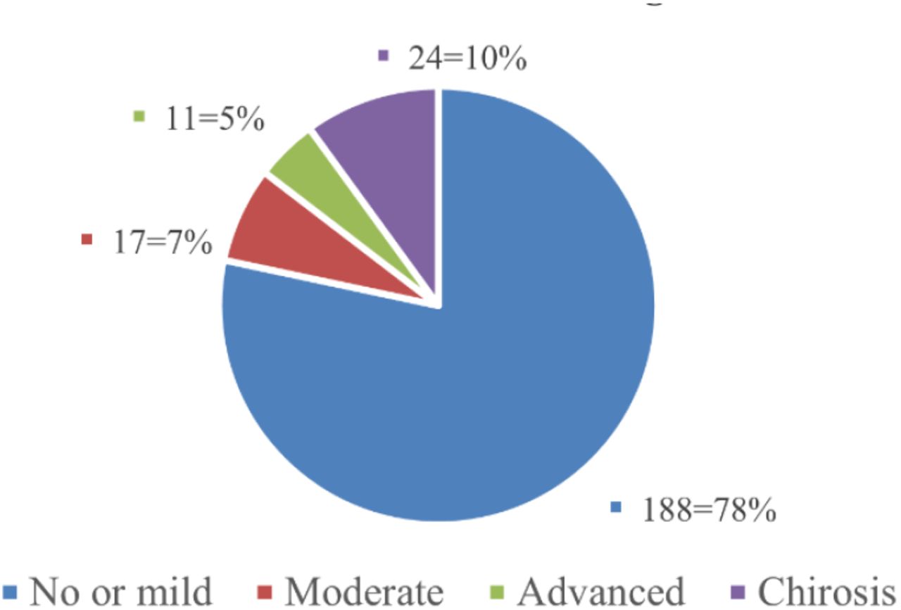 Distribution of sonographic morphological change patterns suggestive of fibrosis among study participants