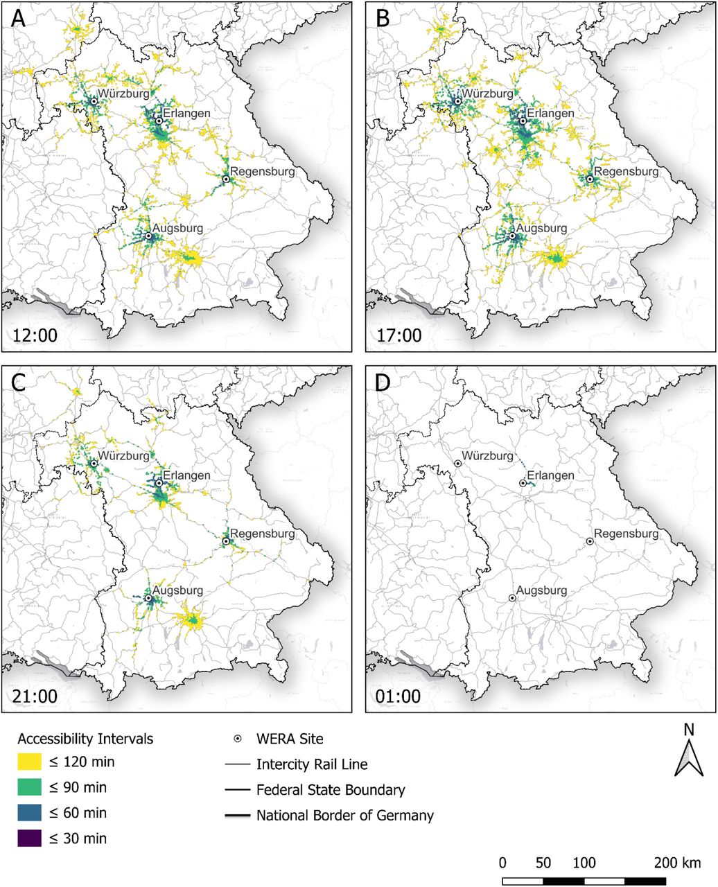 Accessibility of the four WERA sites by public transportation within predefined time intervals: ≤30 minutes (purple), ≤60 minutes (blue), ≤90 minutes (green), and ≤120 minutes (yellow), depending on the time of day: (A) 12:00, (B) 17:00, (C) 21:00, and (D) 1:00.