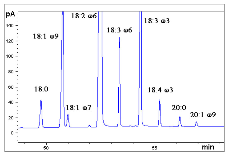 Gas chromatogram obtained by Flame Ionization Detection (GC-FID). Sample: Hemp seed oil, ‘Futura’ variety (analysis number 1), in the time range 49–58 min. Fatty acid methyl esters.