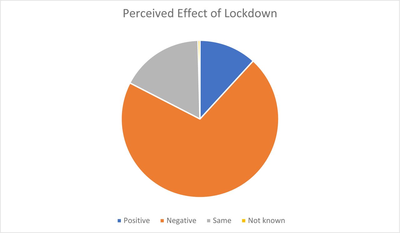 Perceived effect of lockdownMajority (71%) of people believed the effect of lockdown had a negative impact on them, some believed that there was no effect (17%) while others(12%) believed it had a positive effect on them. A very small amount was undecided