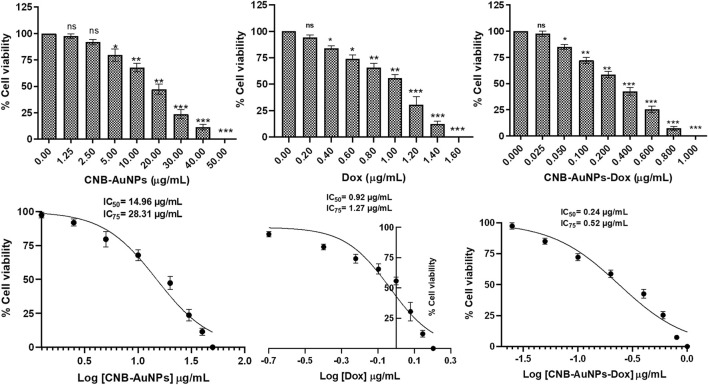 Percent cell viability of A549 cells of CNB-AuNPs-Dox, Dox, and CNB-AuNPs for 24 h assessed by MTT assay along with their respective IC50 and IC75 values. The results presented are the mean ± SD of three independent experiments performed in triplicate. Significance among different dosage groups was determined using one-way ANOVA followed by the Dunnett post-hoc test (where *p < 0.05, **p < 0.01, and ***p < 0.001 represent significant differences compared with vehicle control).