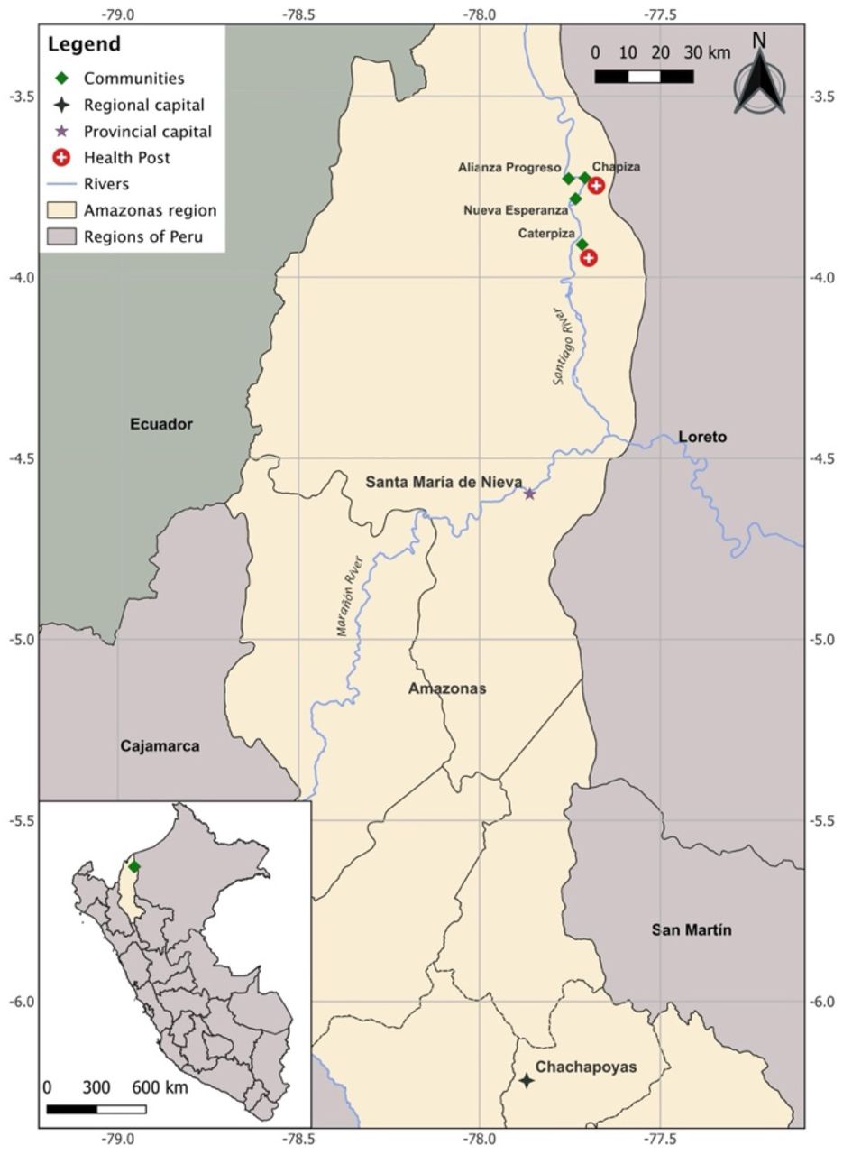 Location of the four study communities in the Río Santiago district, Alianza Progreso (AP), Caterpiza (CZ) Chapiza (CH) and Nueva Esperanza (NE), in Condorcanqui province, Amazonas region, Peru. The map was designed using QGIS Geographic Information System (Version 3.34.1), available at https://www.qgis.org. The data was visualized and placed in a spatial context using the OpenStreetMap base layer, available at https://www.openstreetmap.org. Regarding rivers, the geospatial information was obtained from the Peruvian national water authority (Autoridad Nacional del Agua - ANA), publicly available at https://snirh.ana.gob.pe/ConsultaIDE/.