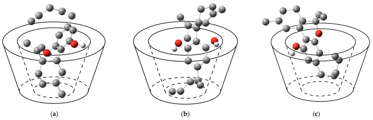 Schematic representations of the conformations of the 1:1 inclusion complex: (a) β-CD/CBD Conf. I (b) β-CD/CBD Conf. II; (c) β-CD/THC Conf. II.