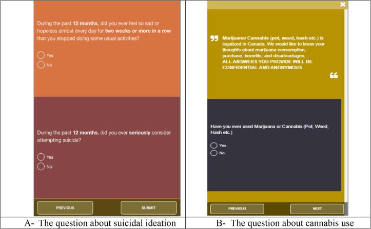 Screenshots of suicidal ideation and Cannabis questions.