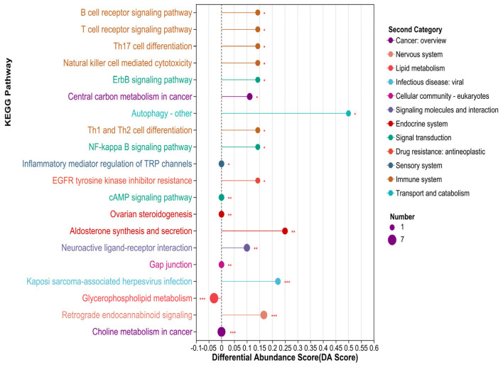 A plot showing differential abundance scores. Note: The size of the dots indicates the number of differentially annotated metabolites in a pathway. The longer the line segment with the dots to the right of the central axis, the more upregulated is the overall expression of the pathway, whereas the longer the line segment with the dots to the left of the central axis, the more downregulated is the overall expression of the pathway. *** p-value < 0.001, ** p-value < 0.01, * p-value or < 0.05.
