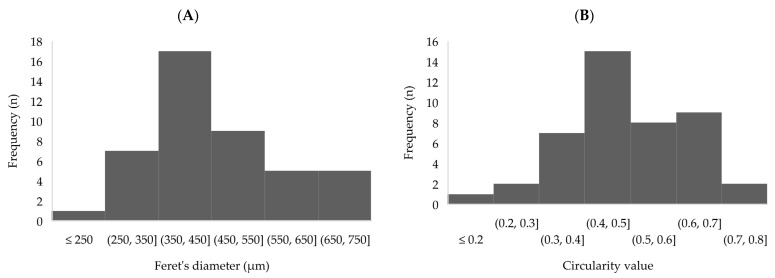 Histograms of the obtained Image J (Bethesda, MD, USA) results from Figure 1 image: (A) Feret’s diameters and (B) circularity values, where 1 refers to a perfect circle shape and values near 0 refer to elongated shapes.