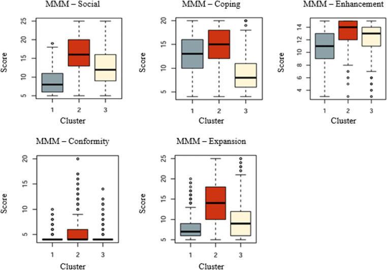 Representation of MMM 5 factors’ scores for the 3 clusters. MMM: Marijuana Motives Measure.