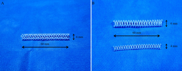 3D-printed polycaprolactone biliary stents. (A) Prototype stent. (B) Final version stent.