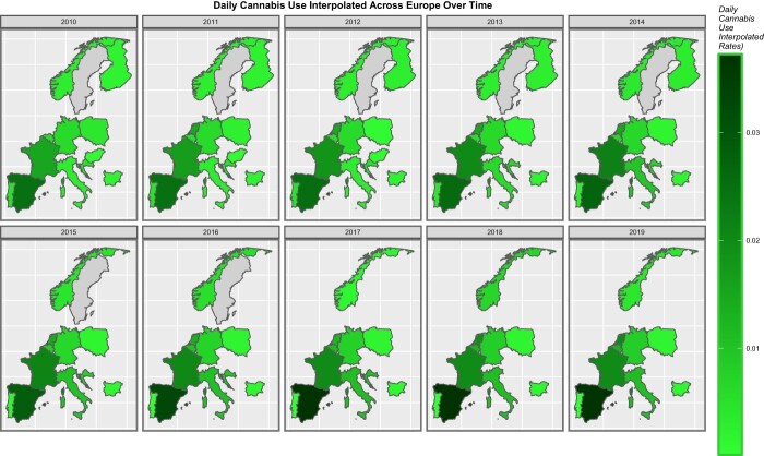 Time sequential map graph of daily cannabis use interpolated across Europe for studied nations