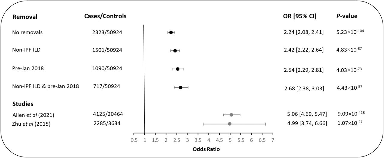 Effect size estimates of rs35705950 T allele association with IPF risk using ICD-10 codes and following exclusion of cases with a co-occurring code indicative of being non-IPF ILD or removing cases defined by the occurrence of a J84.1 code before January 2018Each line shows the effect size estimate and confidence interval for the association between rs35705950 and IPF risk. Estimates in grey are the reference effect size estimates taken from Allen et al (2021) and Zhu et al (2015).