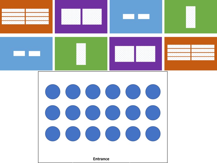 Schematic of experiments to quantify the effect of lighting and genotype used on the growth and morphology of Cannabis mothers.A) Blue, red, purple and green rectangles represent the plasma, T5, Metal Halide and Metal Halide tents, respectively. White squares within each tent represent the approximate size and placement of lamp fixtures. B) Plant layout within each experimental tent.