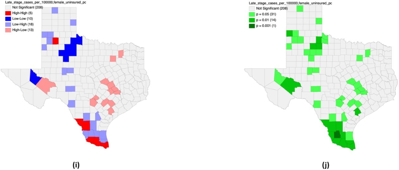 Bivariate LISA for Late-Stage Incidence vs. Uninsured Populations. (i) Bivariate LISA cluster map illustrating the local spatial correlation between late-stage incidence rates and the percentage of uninsured females. (j) Corresponding bivariate LISA significance map for late-stage incidence rates and the percentage of uninsured females.