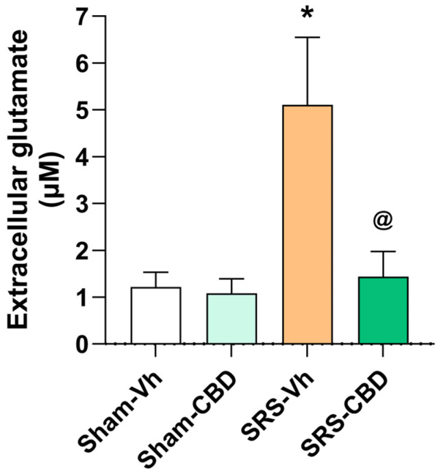 Effect of subchronic administration of CBD on the in vivo hippocampal release of glutamate in rats with epilepsy. The Sham-Vh and Sham-CBD groups showed similar glutamate concentrations. Rats from the SRE-Vh group showed higher glutamate concentration compared to the Sham groups (p < 0.05). In contrast, the SRS-CBD group showed a glutamate concentration similar to those of the Sham groups. Values represent mean ± standard error. One-way ANOVA followed by Tukey’s test. * p < 0.05 vs. Sham groups; @ p < 0.05 vs. SRS-Vh.