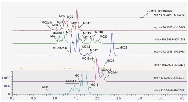 Chromatogram showing the mass traces of the detected metabolites (and artefacts) of CUMYL-THPINACA after 2 h of incubation. The traces are normalized globally, with a maximum at 12% of the base peak (MC16).