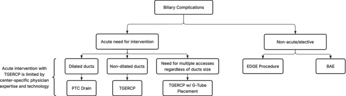 Proposed algorithm for diagnosis and management of postoperative biliary complications after orthotopic liver transplantation in patients with Roux‐en‐Y gastric bypass anatomy. BAE, balloon‐assisted enteroscopy, EDGE, endoscopic ultrasound directed ERCP, G‐tube, gastrostomy tube, PTC drain, percutaneous transhepatic cholangiography drain, TGERCP, transgastric remnant endoscopic retrograde cholangiopancreatography.