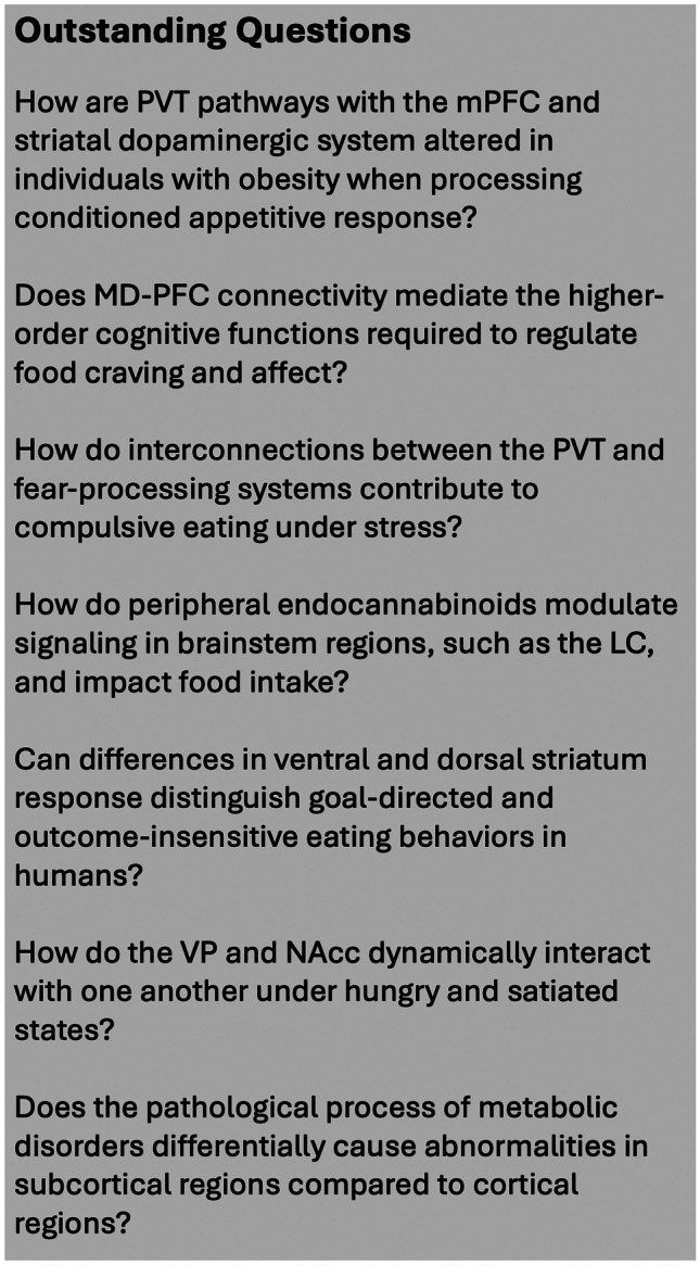 Outstanding questions on how subcortical and brainstem regions contribute to overeating