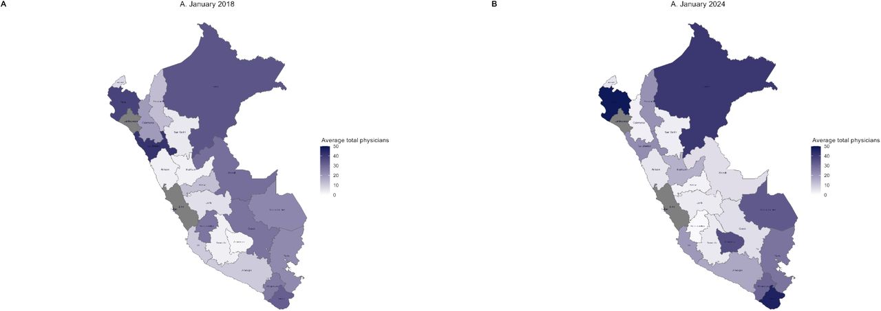 The average total physicians between January 2018 and January 2024, by department.Note: The departments shaded in gray correspond to those with more than 50 physicians on average.