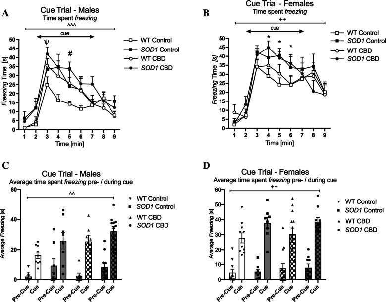 A-D Fear conditioning: Fear-associated freezing in the cue trial A-B) freezing time per minute [s], and C-D) average freezing pre-cue and during cue [s]. Testing was conducted in A/C) male and B/D) female SOD1G93 A transgenic and wild type-like (WT) littermates, chronically fed with either a CBD-enriched (CBD) or standard chow (Control) diet. Data are shown as mean + SEM. Three-way RM ANOVA interactions between ‘treatment’ and either ‘time’ (7 A) or ‘cue’ (7 C) are indicated by ^^p < 0.01 and ^^^ p < 0.0001. Interactions between ‘genotype’ and either ‘time’ (7B) or ‘cue’ (7 C) are shown by ++p < 0.01 and +++p < 0.0001. Two-way ANOVA ‘treatment’ effects across genotypes are indicated by #p < 0.05 (ψp = 0.05 trend), ‘genotype’ effects across treatment are indicted by *p < 0.05