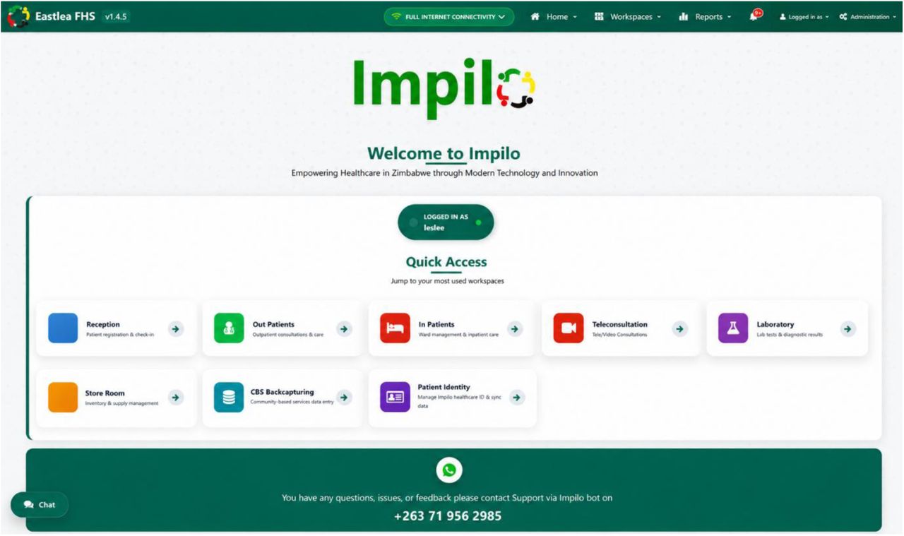 Screenshot of the Impilo electronic health record landing page illustrating the patient management interface used within Zimbabw’s national health information system.